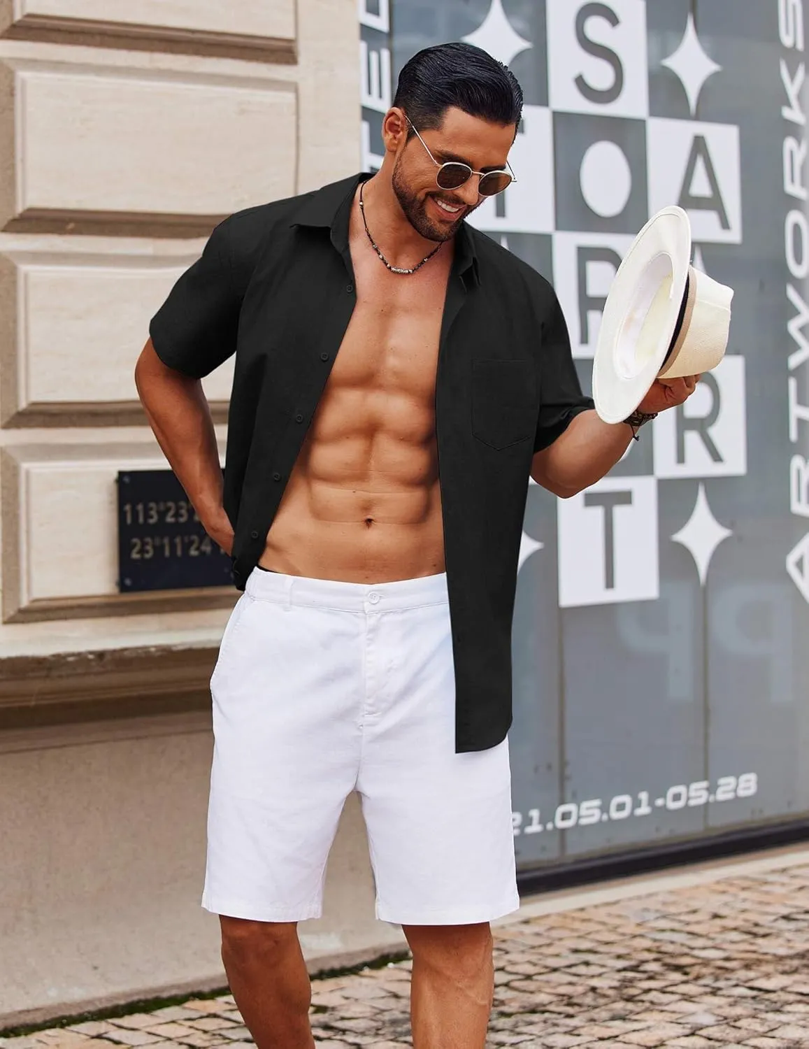 COOFANDY Men's Button Down Short Sleeve Shirt Casual Cotton Summer Beach Linen Wedding Shirts with Pocket