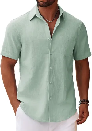 COOFANDY Men's Button Down Short Sleeve Shirt Casual Cotton Summer Beach Linen Wedding Shirts with Pocket