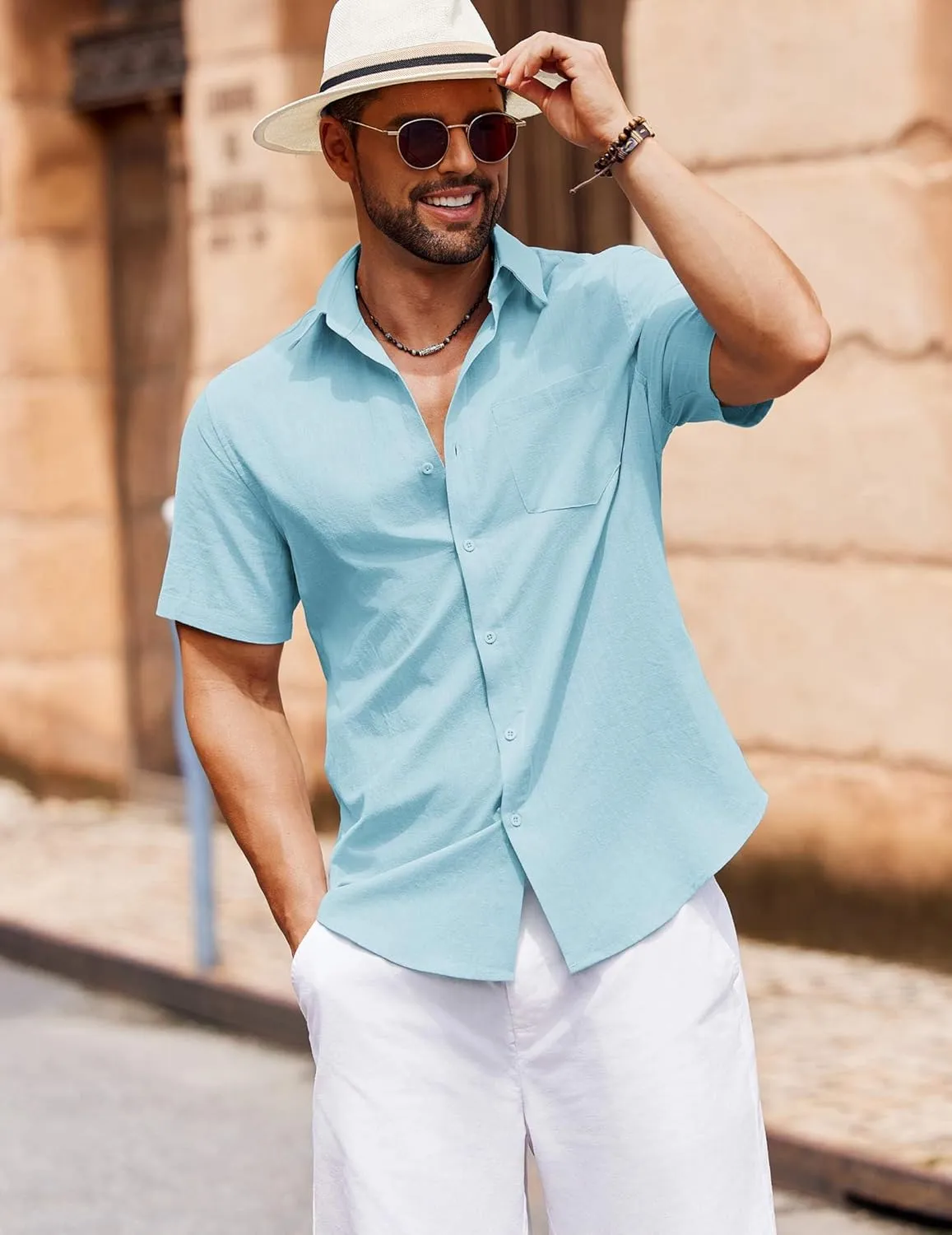 COOFANDY Men's Button Down Short Sleeve Shirt Casual Cotton Summer Beach Linen Wedding Shirts with Pocket