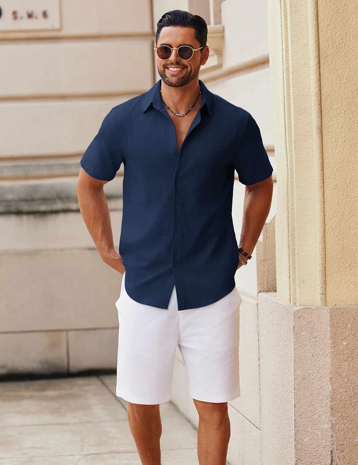 COOFANDY Men's Button Down Short Sleeve Shirt Casual Cotton Summer Beach Linen Wedding Shirts with Pocket
