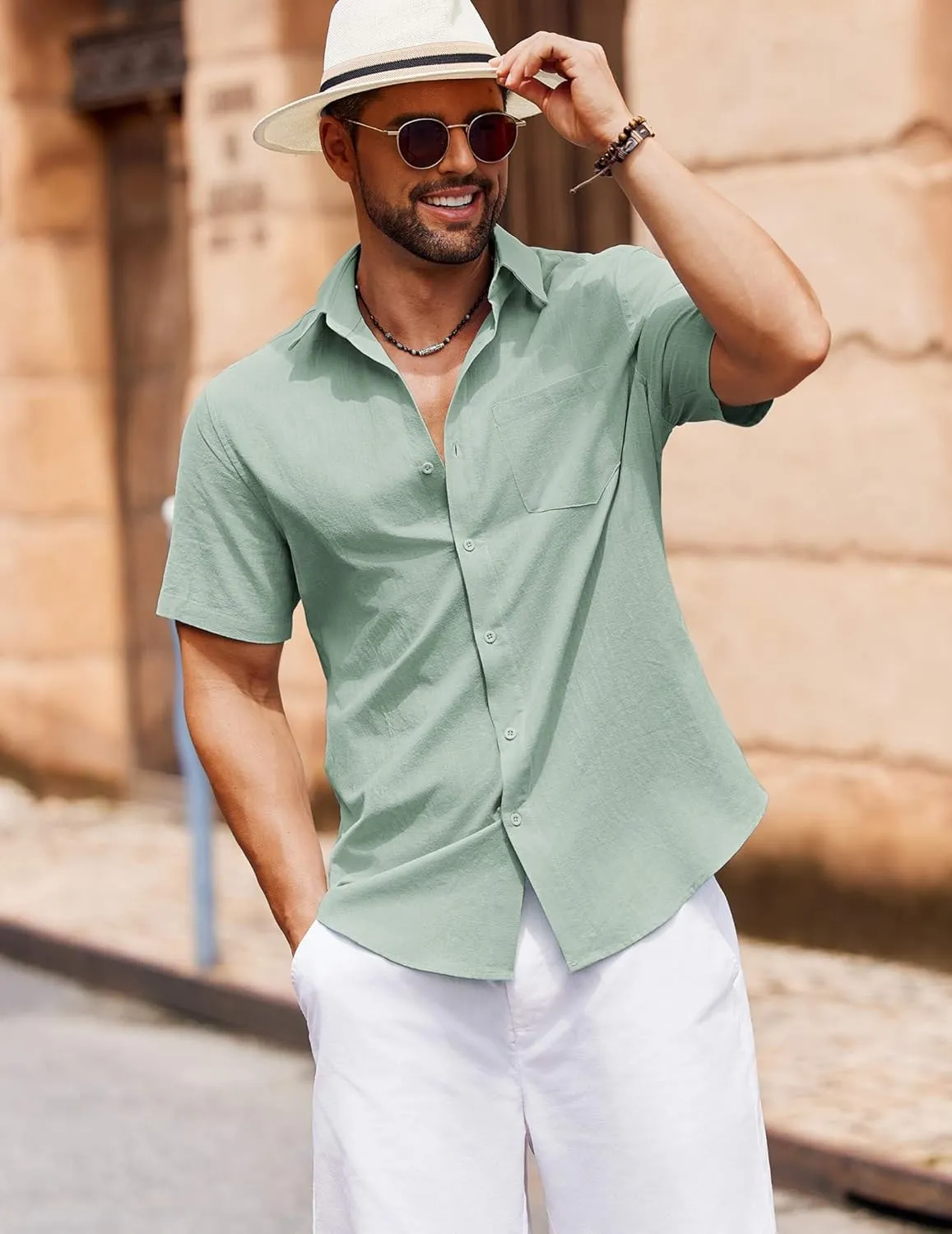 COOFANDY Men's Button Down Short Sleeve Shirt Casual Cotton Summer Beach Linen Wedding Shirts with Pocket