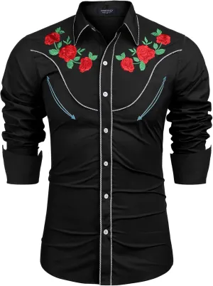 COOFANDY Men's Cowboy Shirtss Embroidered Rose Design Shirts Western Long Sleeve Button Down Shirts