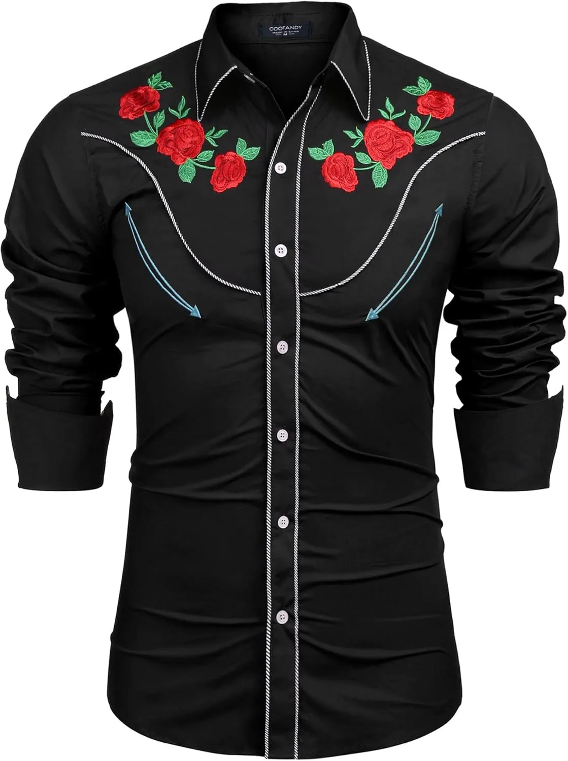 COOFANDY Men's Cowboy Shirtss Embroidered Rose Design Shirts Western Long Sleeve Button Down Shirts