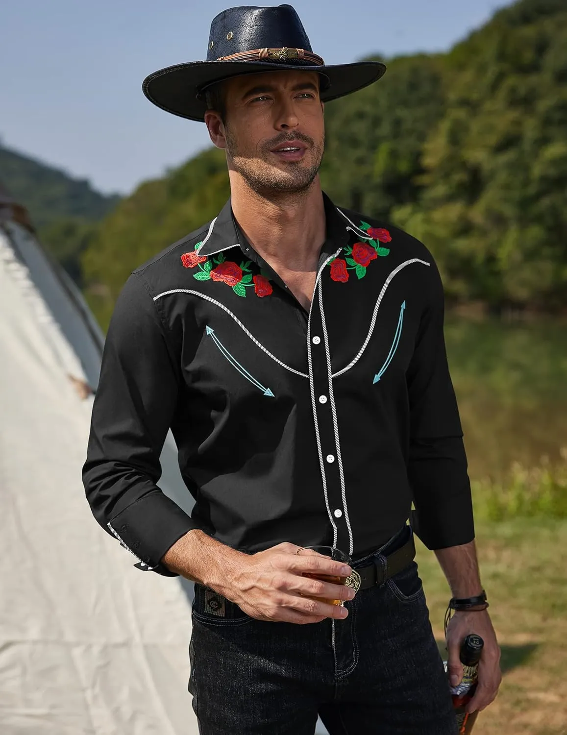 COOFANDY Men's Cowboy Shirtss Embroidered Rose Design Shirts Western Long Sleeve Button Down Shirts