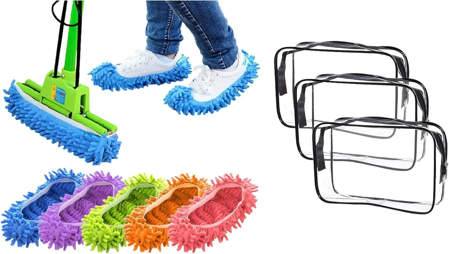 Cosywell Mop Slippers Shoes Cover Dust Duster Slippers 10 PCS 5 Pairs Clear Toiletry Bag Quart Size Bag Travel Makeup Cosmetic Bag PVC Toiletries Cosmetic Pouch for Women Men 3PCS (S)