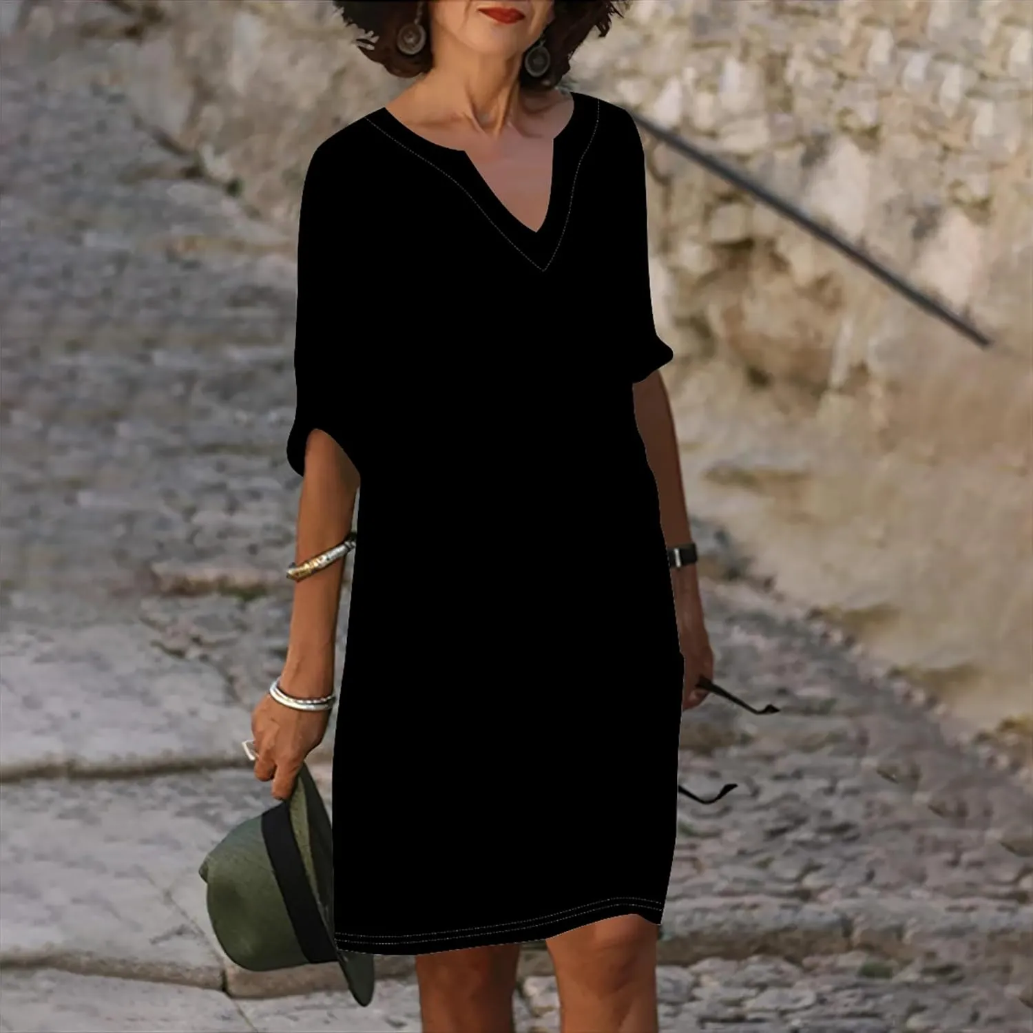 Cotton Linen Solid Baggy Dresses for Women 2024 Summer Elegant V Neck 3/4 Sleeve Midi Casual Beach T Shirt Maxi Sun Dress
