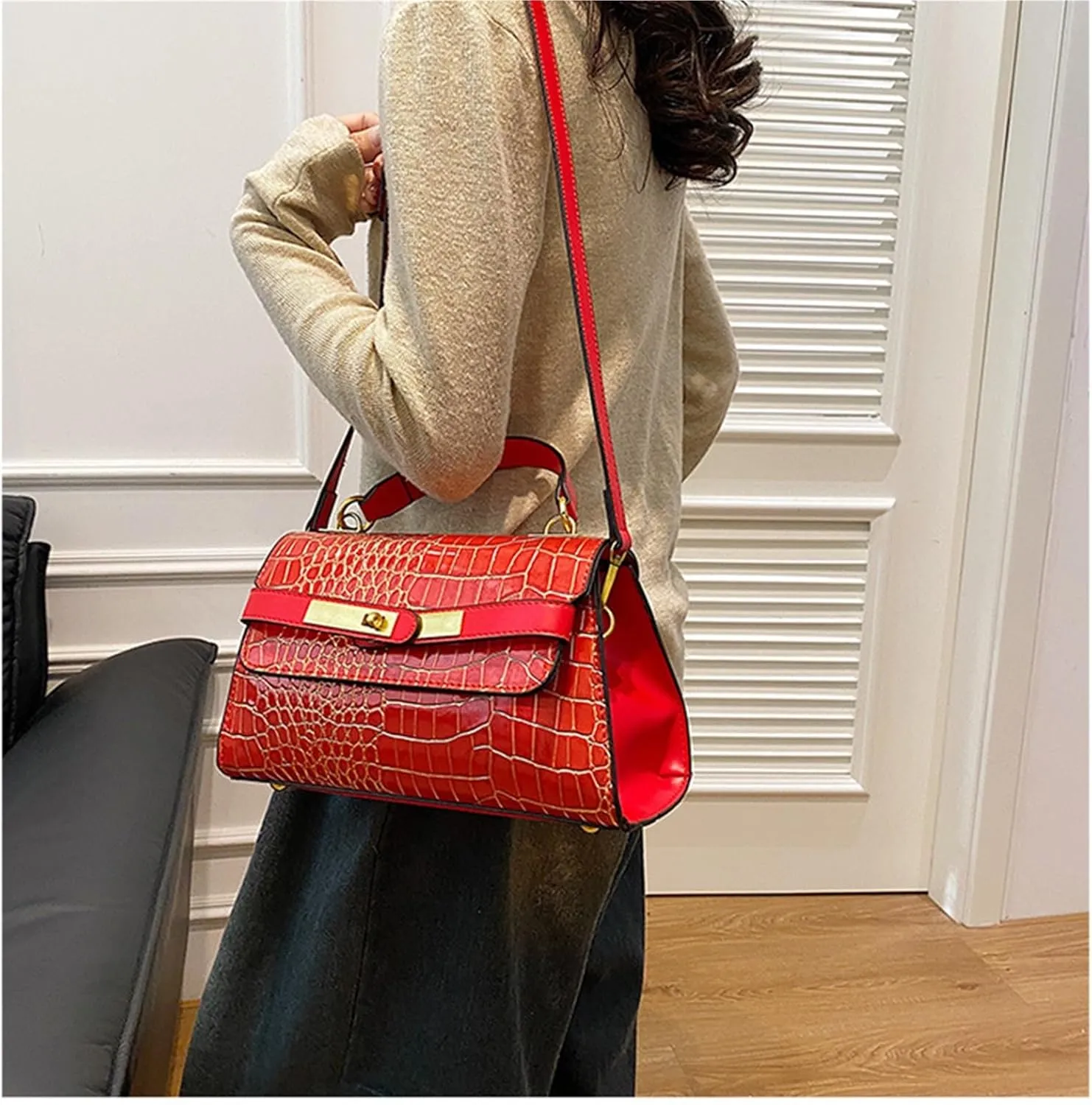Crocodile Print Solid Colour Tote Shoulder Crossbody Women's Bag