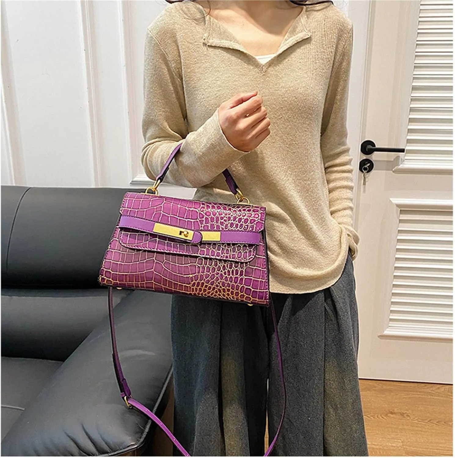 Crocodile Print Solid Colour Tote Shoulder Crossbody Women's Bag
