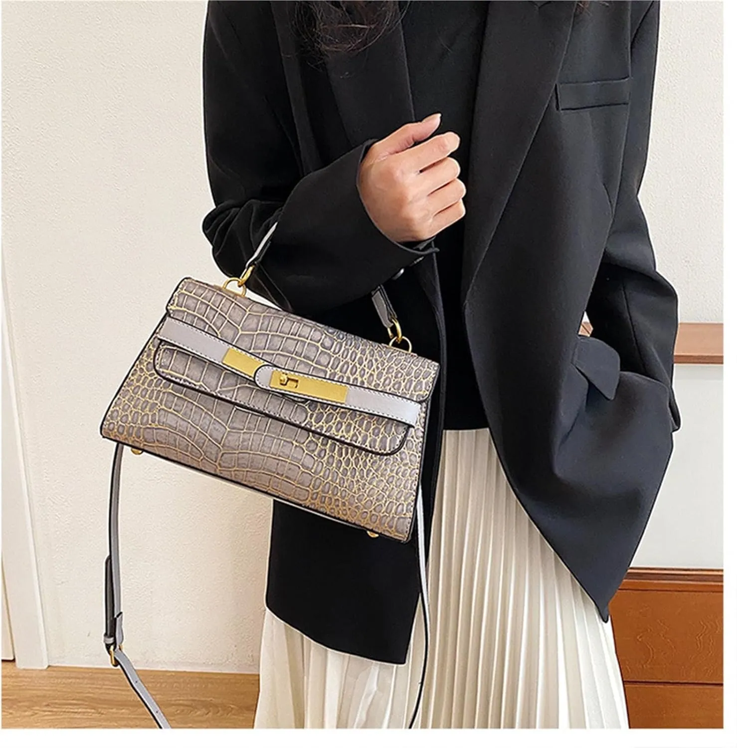 Crocodile Print Solid Colour Tote Shoulder Crossbody Women's Bag