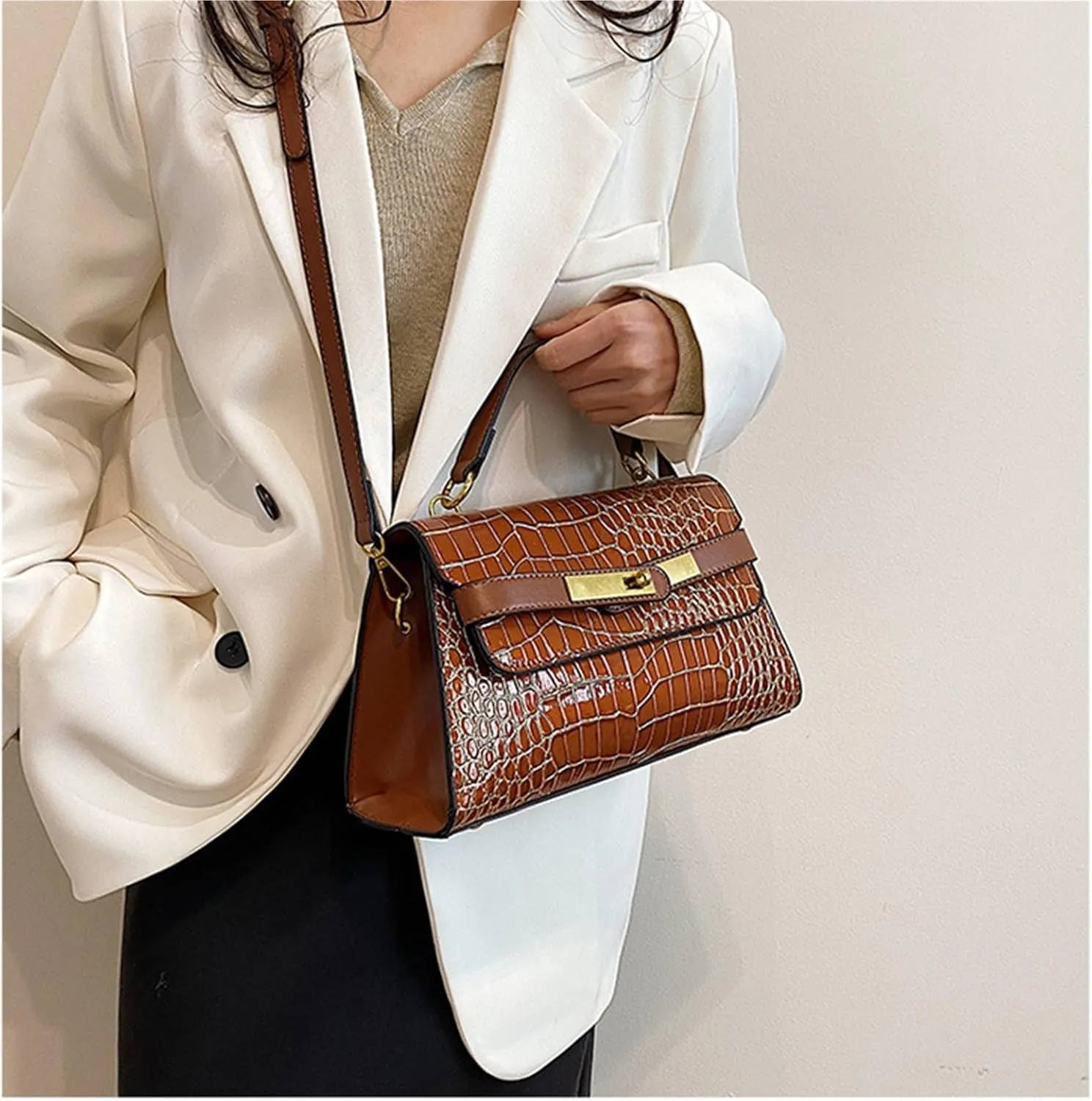 Crocodile Print Solid Colour Tote Shoulder Crossbody Women's Bag