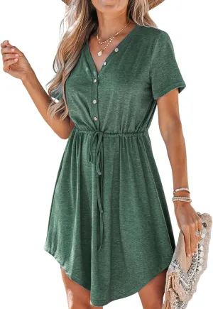 CUPSHE Women Summer Dresses Drawstring Button Front Short Sleeve V Neck Mini Dress Short Sleeve Sundress