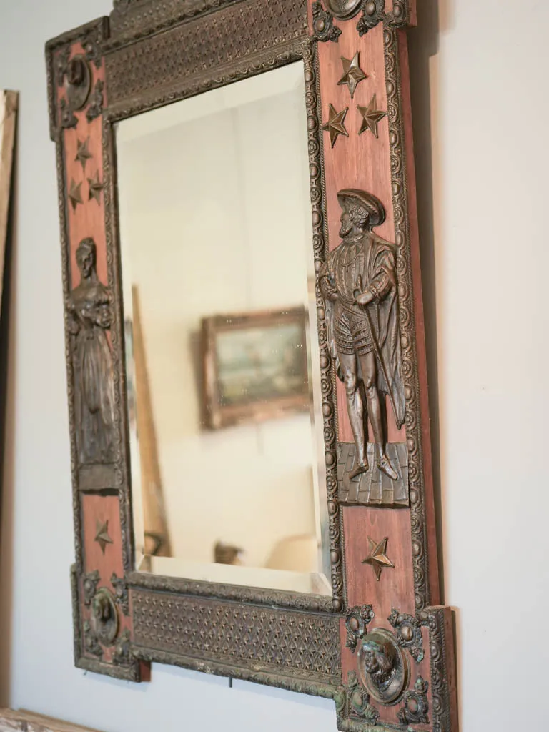 Curious large copper and wood mirror w/ medieval armor motifs