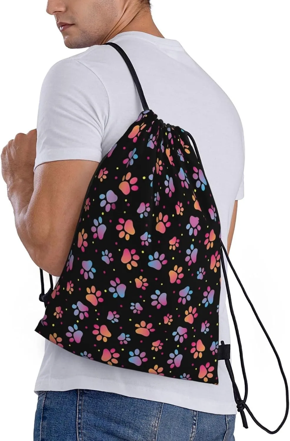 Cute Dog Paw Print Drawstring Backpack Adjustable Bag Sackpack Paws Bags for Gym Shopping Sport Yoga