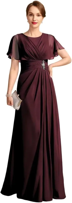 CWOAPO Mother of The Bride Dresses with Sleeves Scoop Neck Ruched Chiffon A-line Long Formal Wedding Guest Dresses 2025