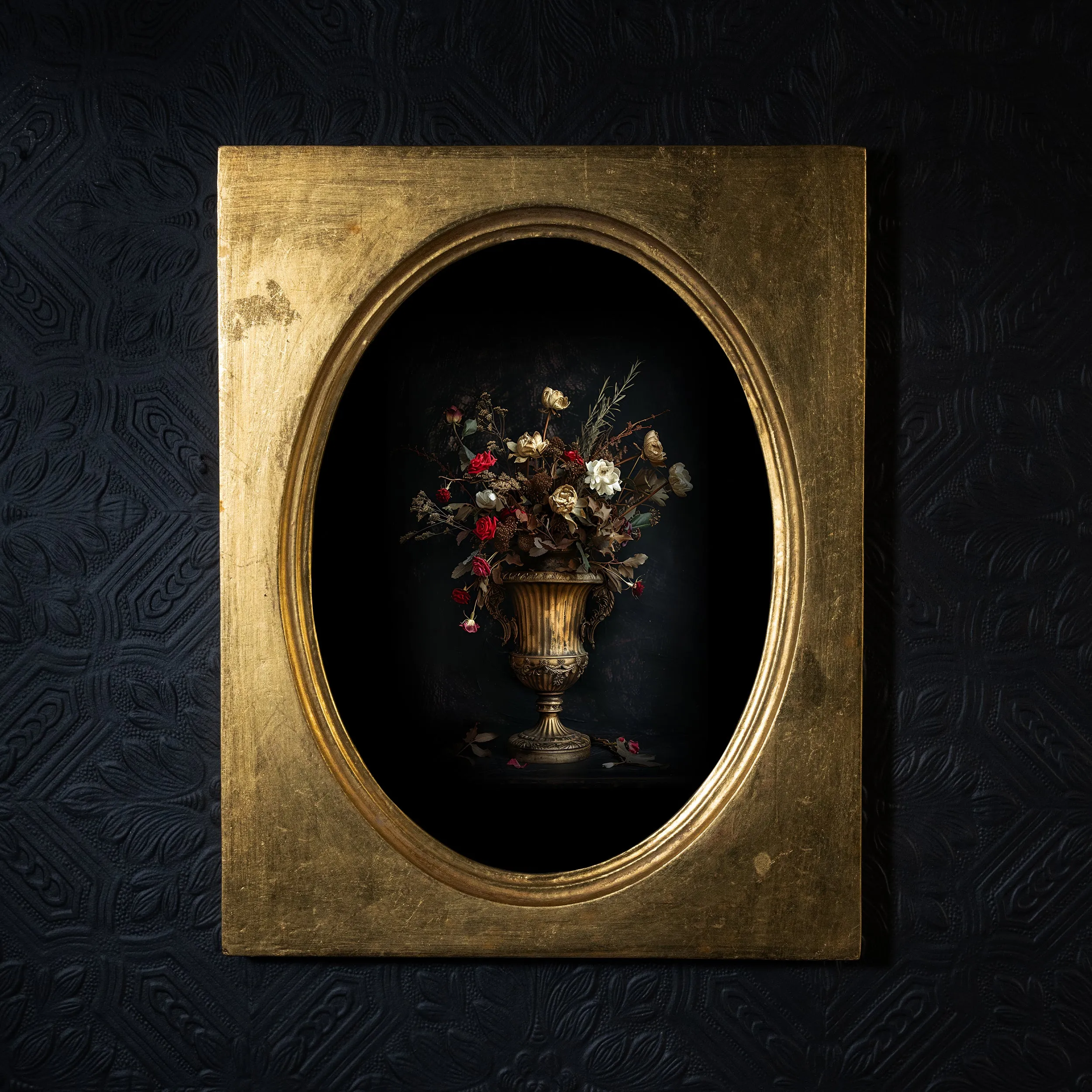 Dark Floral Urn II - Oval Framed Artwork