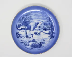 Decorative Plate, Currier & Ives, The Homestead In Winter, Blue & White, Vintage