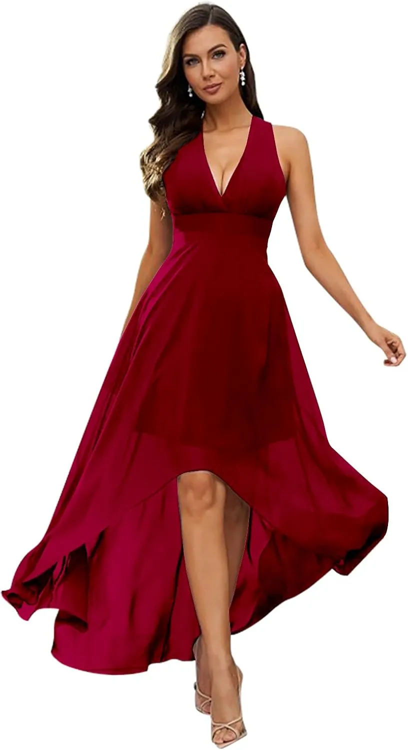 Deep V-Neck Bridesmaid Dresses for Wedding Short Chiffon High Low A Line Formal Prom Gown