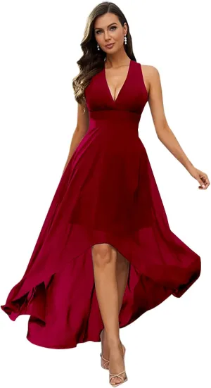 Deep V-Neck Bridesmaid Dresses for Wedding Short Chiffon High Low A Line Formal Prom Gown