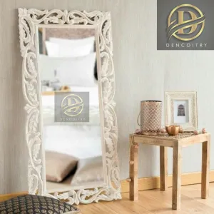 DENCOITRY Wooden Hand Carved Decorative Wall Mirror Frame for Bedroom || Home Decor || Living Room || Vertical or Horizontal Hanging || 48 X 24 inches || White Colour || Without Mirror ||
