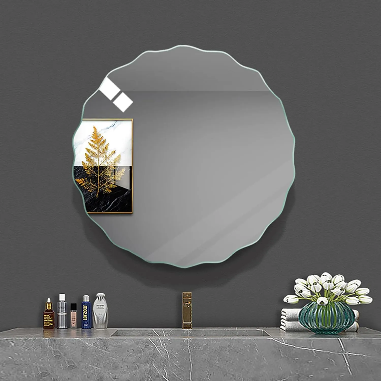 dj arts Decorative Big Size Wall Mount Glass Mirror For Bathroom Wash Basin, Living Room, Bedroom, Drawing Room, Makeup Vanity (15 Inches) (Round Cut Unframed)