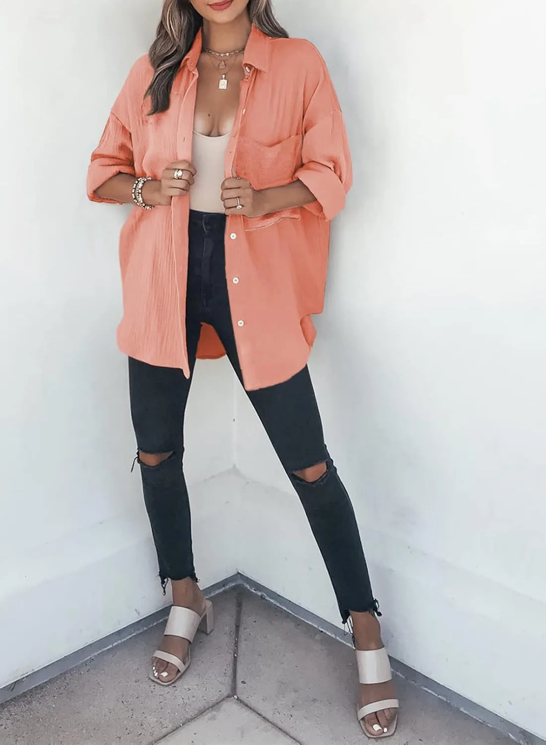Dokotoo Womens Color Block Button Down Shirts Long Sleeve Oversized Boyfriend Blouses Tops