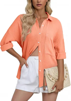 Dokotoo Womens Color Block Button Down Shirts Long Sleeve Oversized Boyfriend Blouses Tops