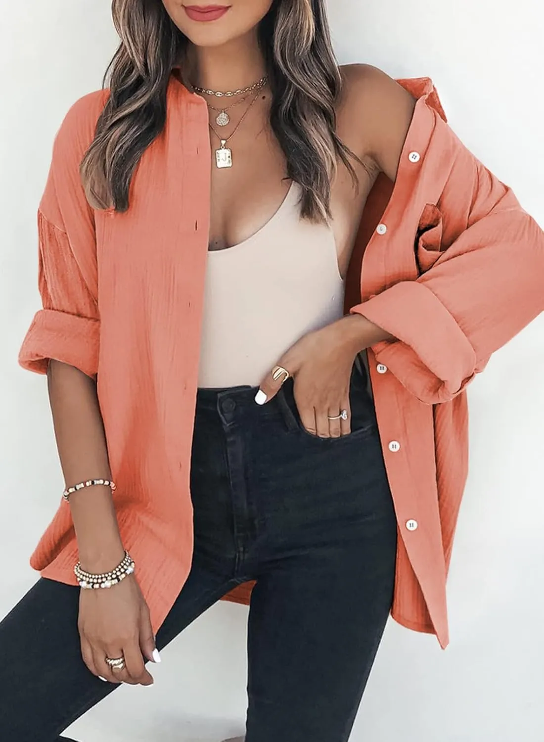 Dokotoo Womens Color Block Button Down Shirts Long Sleeve Oversized Boyfriend Blouses Tops