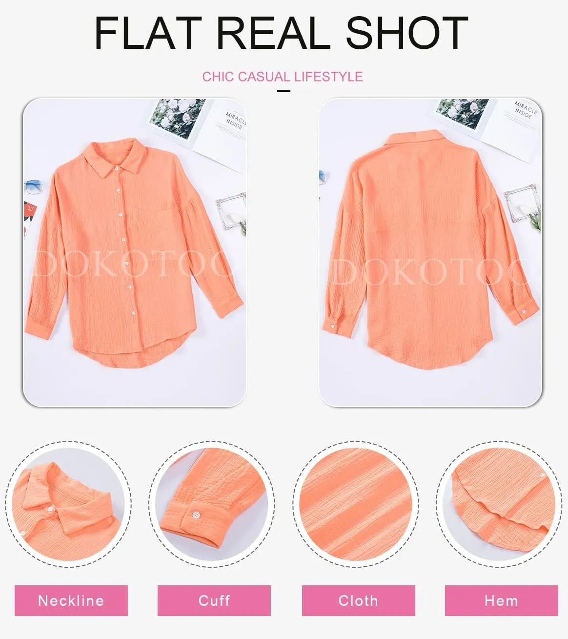 Dokotoo Womens Color Block Button Down Shirts Long Sleeve Oversized Boyfriend Blouses Tops