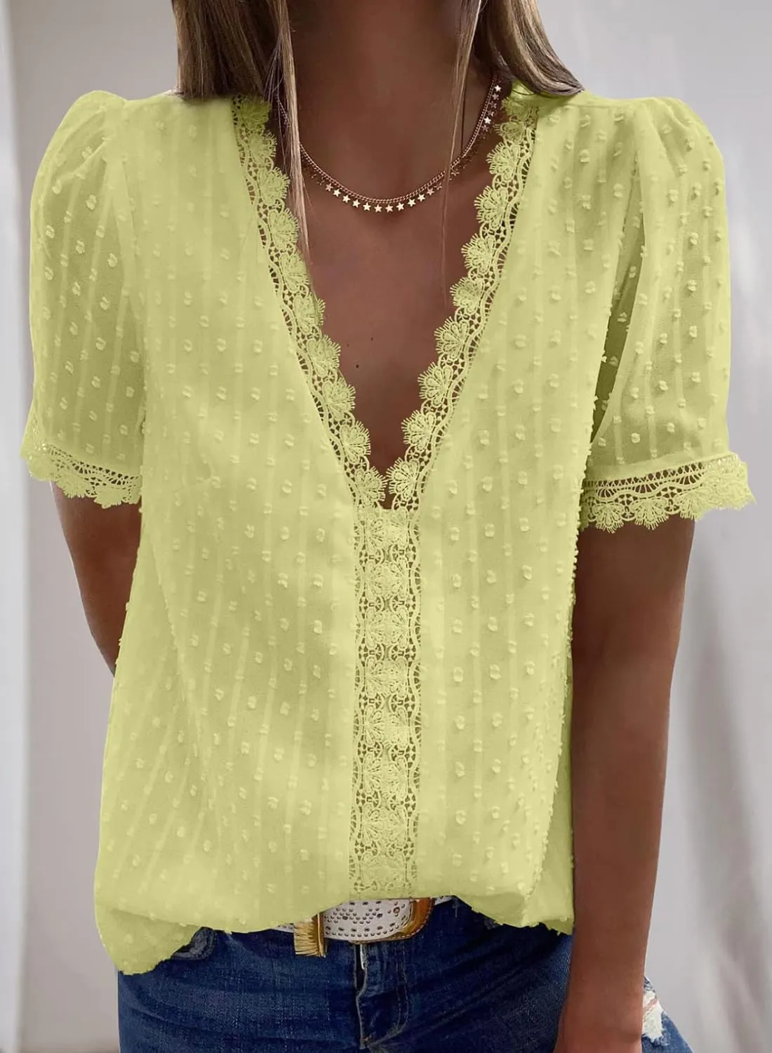Dokotoo Women's V Neck Lace Crochet Tunic Tops Flowy Casual Blouses Shirts