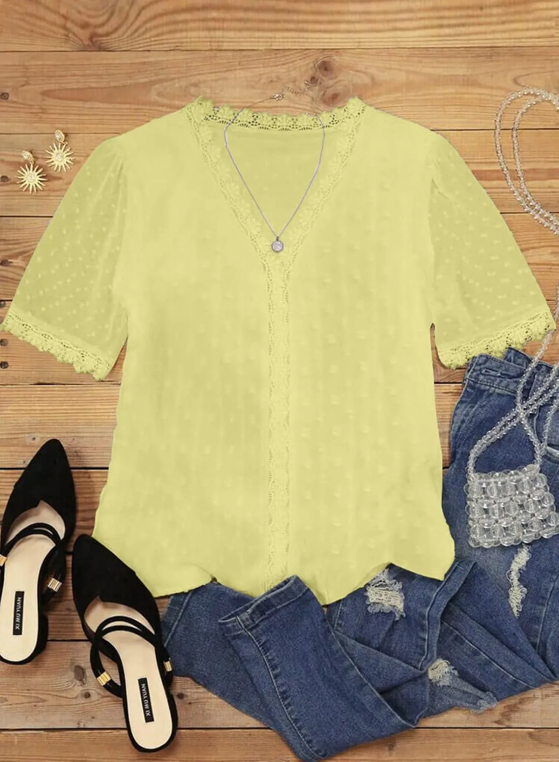 Dokotoo Women's V Neck Lace Crochet Tunic Tops Flowy Casual Blouses Shirts
