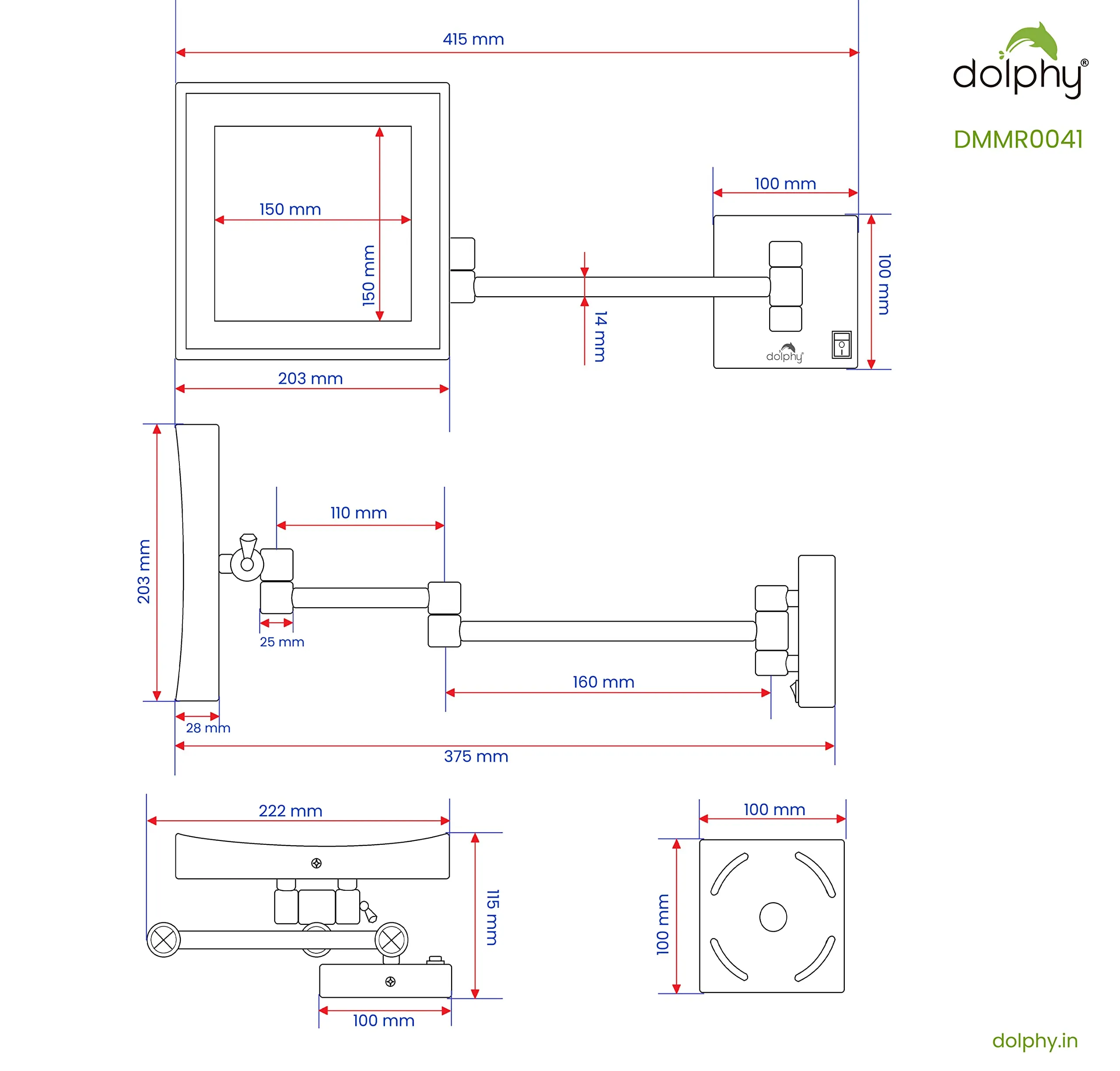 DOLPHY One Side 3X LED Lighted Magnifying Wall Mounted Square Vanity Mirror 8 inch