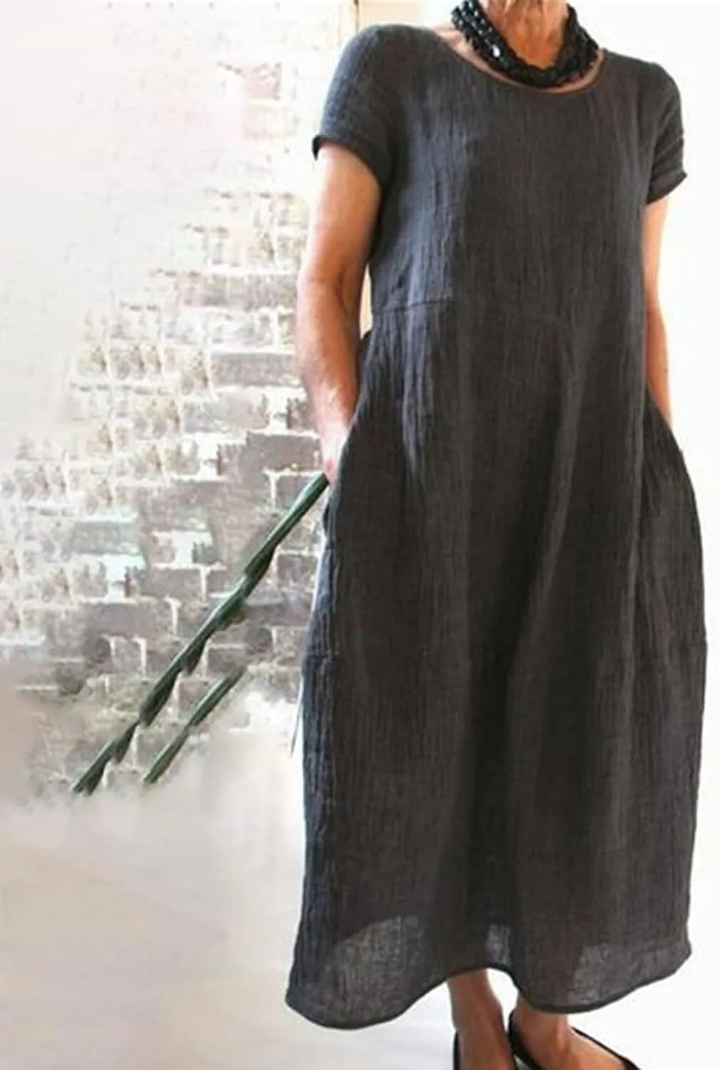 Dresses for Women 2025 Summer Cotton Linen Solid Gauze Dress Loose Casual Beach Vacation Flowy Midi Dress with Pockets