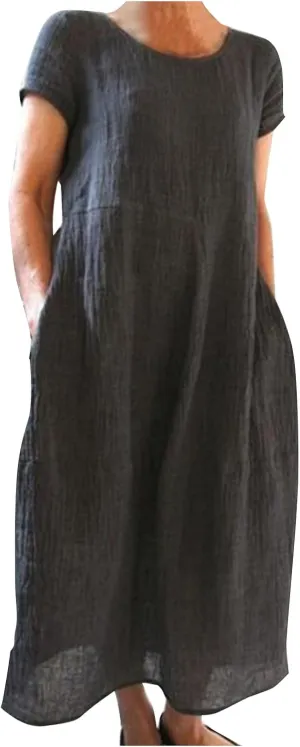 Dresses for Women 2025 Summer Cotton Linen Solid Gauze Dress Loose Casual Beach Vacation Flowy Midi Dress with Pockets