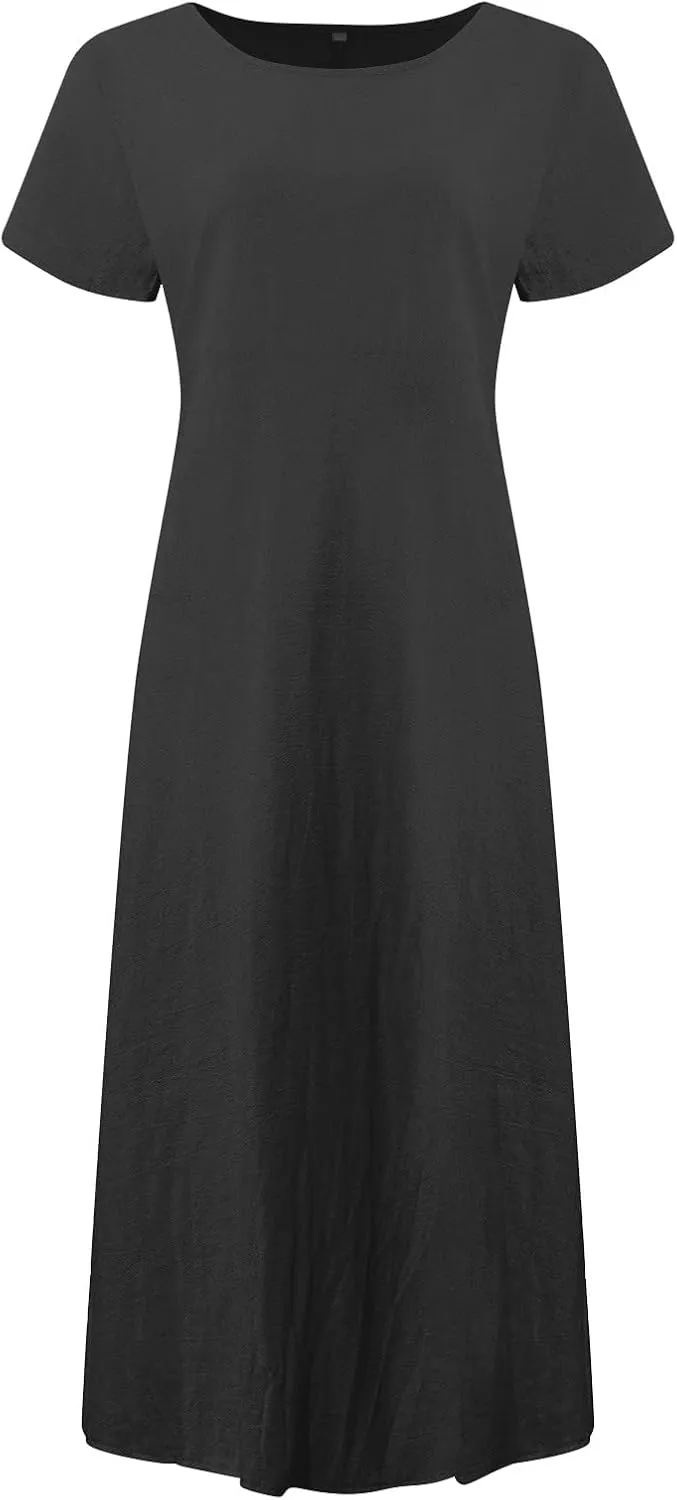 Dresses for Women 2025 Summer Cotton Linen Solid Gauze Dress Loose Casual Beach Vacation Flowy Midi Dress with Pockets
