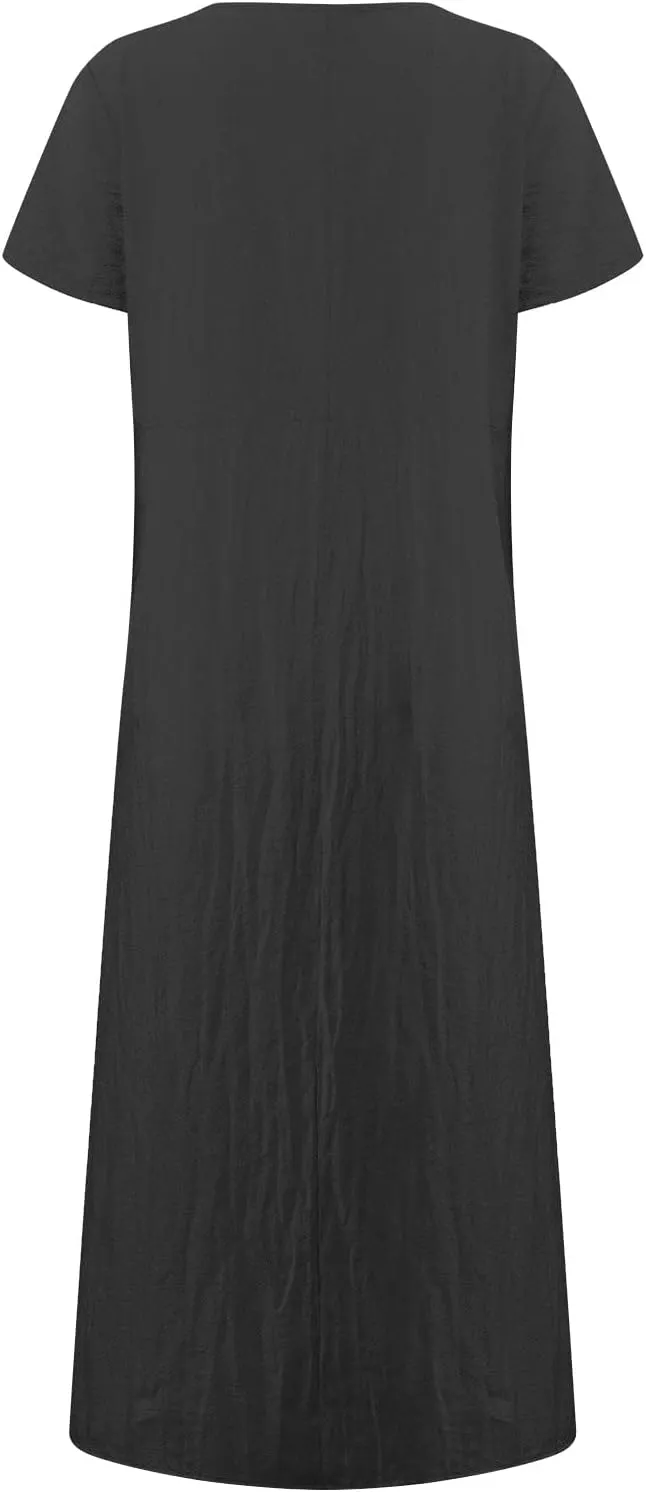 Dresses for Women 2025 Summer Cotton Linen Solid Gauze Dress Loose Casual Beach Vacation Flowy Midi Dress with Pockets