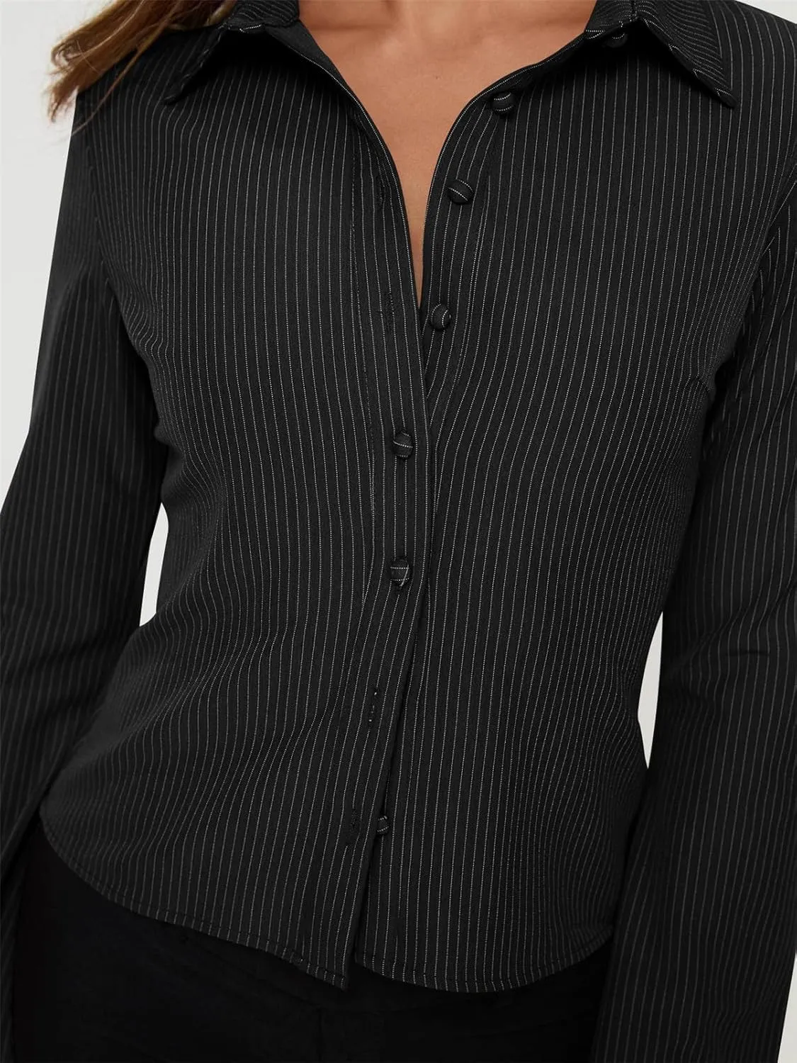 ECHOINE Women Button Down Shirts Long Sleeves Slim Fitted Casual Collared Blouses Work Striped Tops