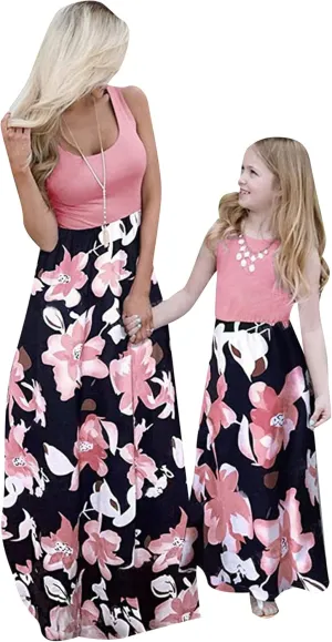 EFOFEI Mom and Me Dresses Matching Summer Floral Dress Round Neck Sleeveless Family Dress