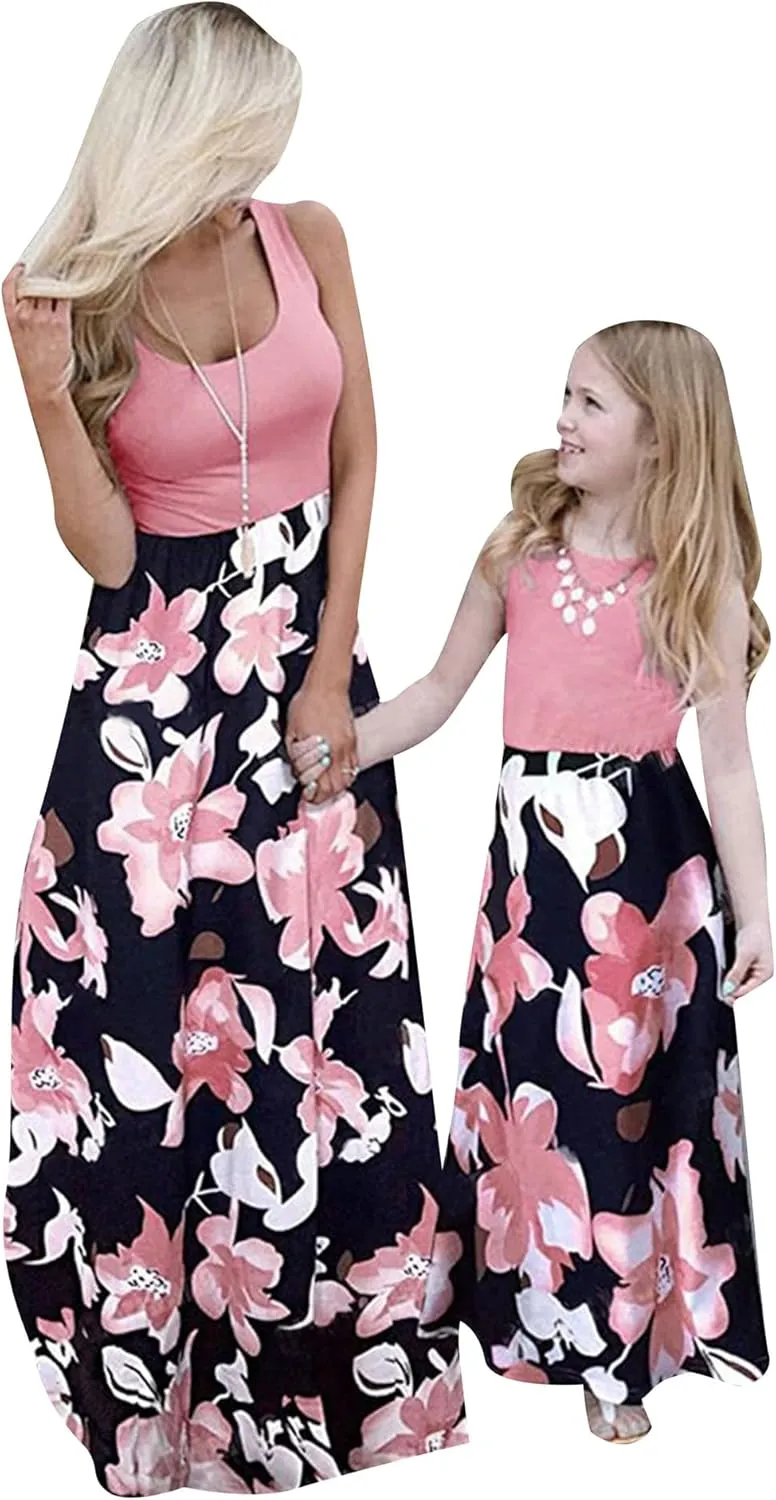 EFOFEI Mom and Me Dresses Matching Summer Floral Dress Round Neck Sleeveless Family Dress