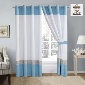 Elegant Embroidered Curtains - White & Sky Blue