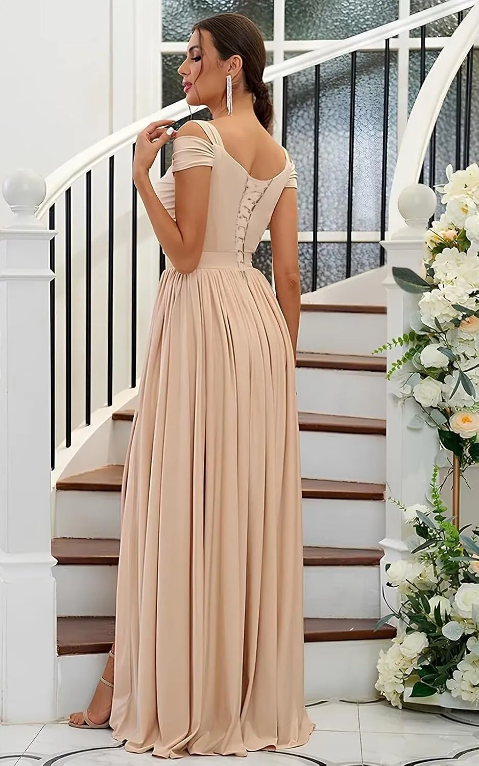 Elegant Women Bridesmaid Dresses 2024 with Slit Cold Shoulder Chiffon Formal Party Dresses with Pockets RO145
