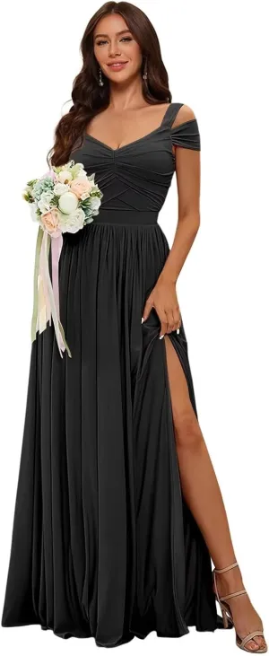 Elegant Women Bridesmaid Dresses 2024 with Slit Cold Shoulder Chiffon Formal Party Dresses with Pockets RO145