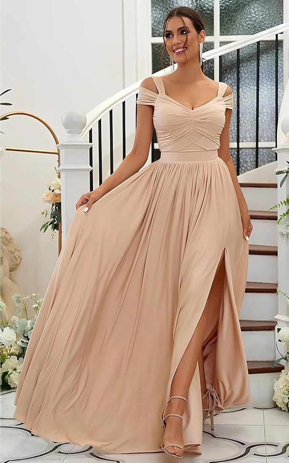 Elegant Women Bridesmaid Dresses 2024 with Slit Cold Shoulder Chiffon Formal Party Dresses with Pockets RO145