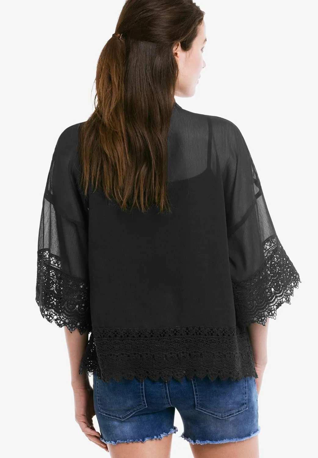 ellos Women's Plus Size Sheer Lace Trim wrap Cardigan Oversized