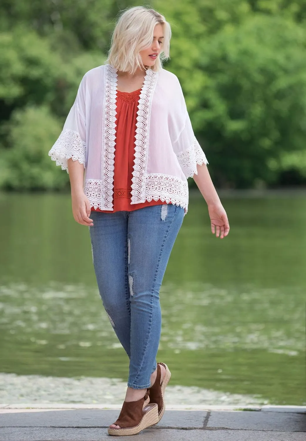 ellos Women's Plus Size Sheer Lace Trim wrap Cardigan Oversized