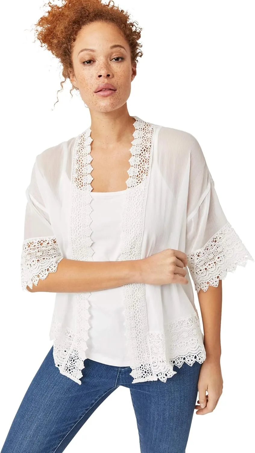 ellos Women's Plus Size Sheer Lace Trim wrap Cardigan Oversized