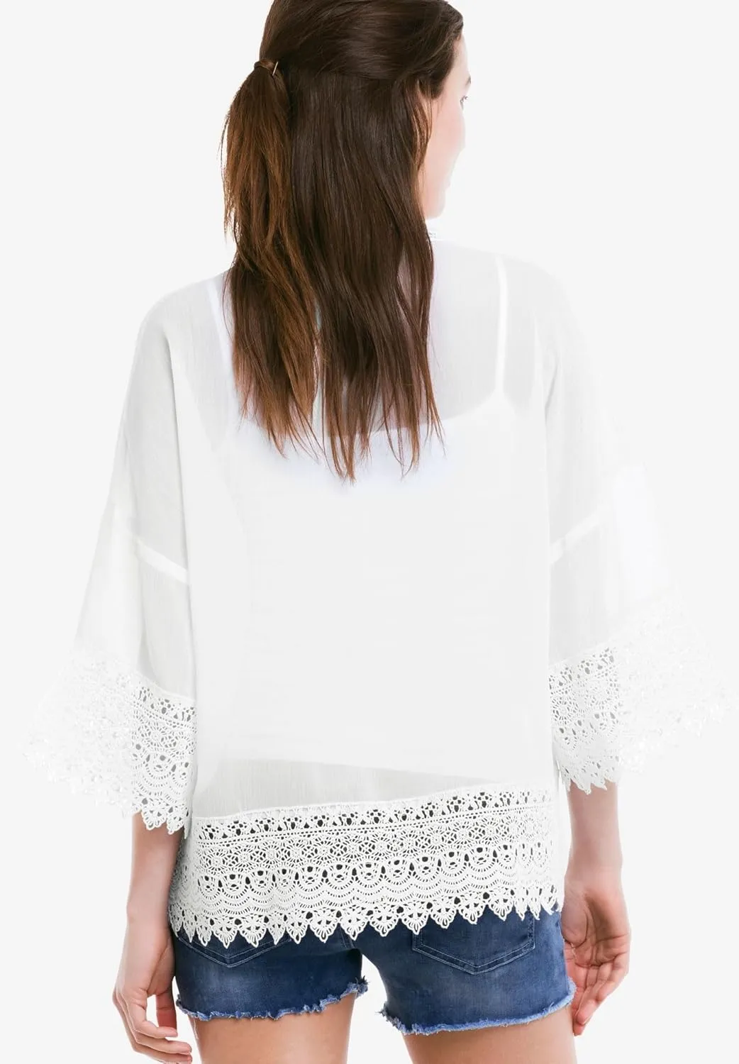 ellos Women's Plus Size Sheer Lace Trim wrap Cardigan Oversized