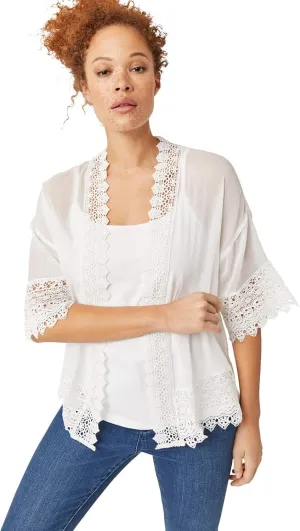 ellos Women's Plus Size Sheer Lace Trim wrap Cardigan Oversized