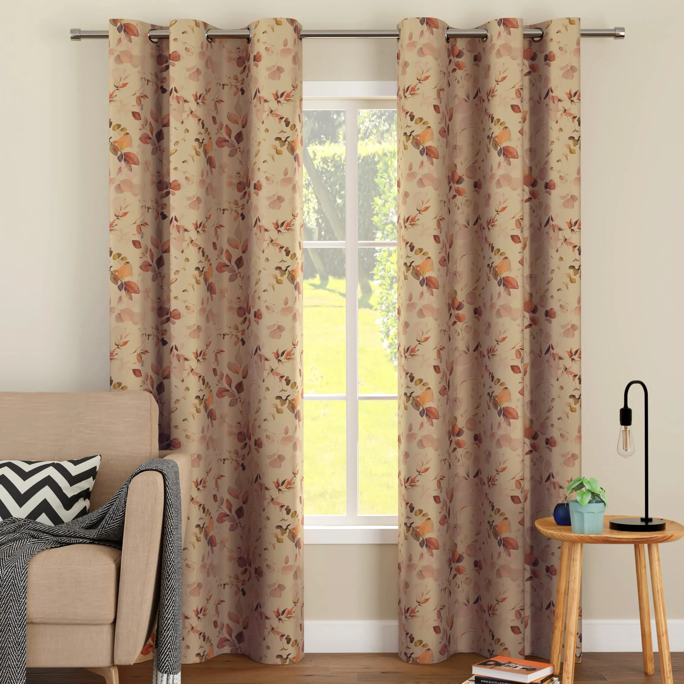 Encasa Homes Blackout Curtains (9 ft, 2 Panels) - Room Darkening - Floral Digital Print with Grommets, 85% Light Blocking, Sound & Heat Reducing - L1 Orange
