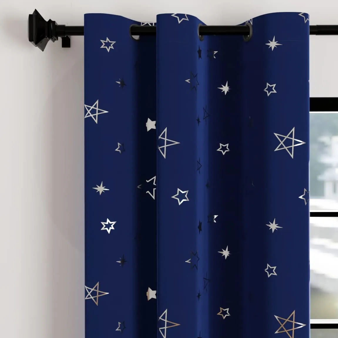 Encasa Homes Room Darkening Blackout Curtains 2 Panels Silver Foil Printed Plain Colours for Kids Bedroom, Living Room with Grommet, 85% Light Blocking, Sound & Heat Reducing, 5 ft -Star Navy
