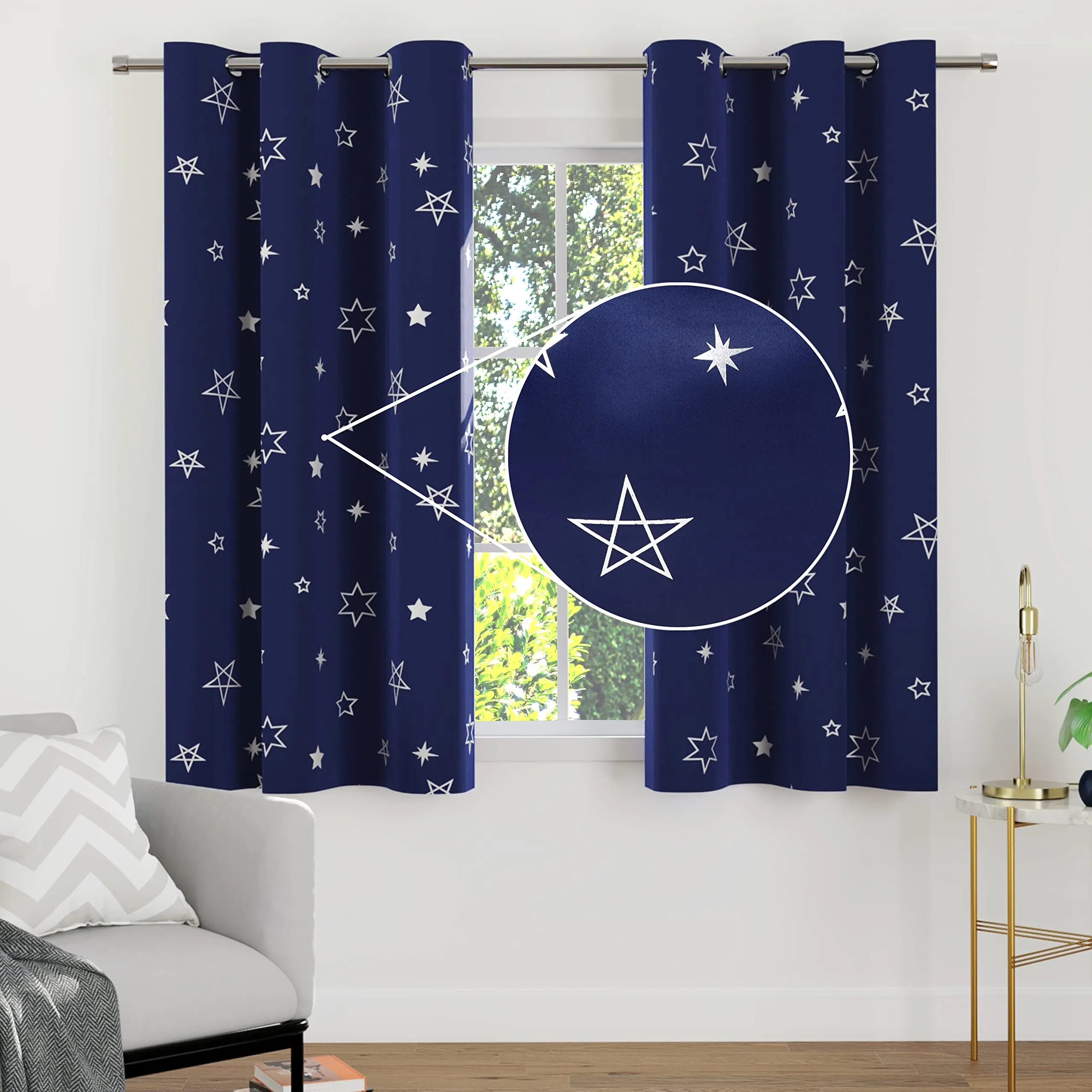 Encasa Homes Room Darkening Blackout Curtains 2 Panels Silver Foil Printed Plain Colours for Kids Bedroom, Living Room with Grommet, 85% Light Blocking, Sound & Heat Reducing, 5 ft -Star Navy